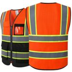 HATAUNKI High Visibility Reflection Orange-Black Mesh Safety Vests with 8 Pockets and Front Zipper, hi vis safety vest for Men and Women, Meets ANSI/ISEA Standards(Orange-Black-07,M)