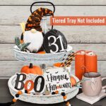 Halloween Decor – Halloween Decorations – BOO Happy Halloween Wooden Signs – Cute Gnomes Plush and Bead Garland – Farmhouse Rustic Tiered Tray Decor Items for Home Table House Room