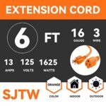 EP 6 Ft Extension Cord – 16/3 SJTW Heavy Duty Weatherproof Power Cable with 3 Prong Grounded Plug for for Indoor Outdoor Use,Orange