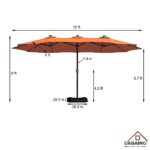 CASAINC 15 FT Solar LED Patio Umbrella with Base Double-Sided Extra Large Outdoor Umbrella Market Rectangular Twin Umbrella w/Crank for Garden Deck Lawn Pool Backyard-Orange