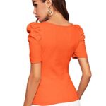 WDIRARA Women’s Puff Sleeve Square Neck Short Sleeve Elegant Tee Top Bright Orange M