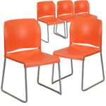 Flash Furniture 5 Pack HERCULES Series 880 lb. Capacity Orange Full Back Contoured Stack Chair with Gray Powder Coated Sled Base