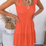ZESICA Women’s Summer Spaghetti Strap Sleeveless Square Neck Ruffle A Line Swing Mini Dress,Orange,Small
