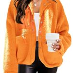 Nirovien Womens Fuzzy Fleece Jacket Button Down Shacket Casual Sherpa Coats Warm Outwear with Pockets(Orange,L)