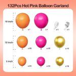 Hot Pink and Orange Balloon Arch Garland Kit-Metallic Gold Balloon 132Pcs for Princess Birthday,Engagement,Graduation,Hawaii,Baby Shower,Thanksgiving.