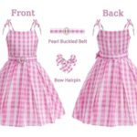 Kids Bar-bie Costume Dress Girls Halloween Costume Princess Cosplay Pink Plaid Dress with Pearl Buckled Belt Bow Hairpin ZF011M