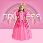 MOAGIS Kids Girl Princess Peach Costume Pink Dress Halloween Dress up Outfits with Crown Gloves Costumes for Girls, 4-5Y