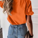 PRETTYGARDEN Women’s Short Sleeve Casual T Shirts Summer Ruffle Plain Round Neck Loose Fit Tee Blouse Tops Orange