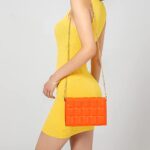 YDSIII Orange Purse Mini for Women Fashion Vintage Shoulder Bag Square Lattice with Removable Chain