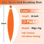 Umylar Orange Braiding Hair Extensions 26 Inch Pre stretched Braiding Hair Hot Water Setting Synthetic Hair Colored Braiding Hair Pre Stretched Crochet Braids Hair(3 Packs,Orange#)