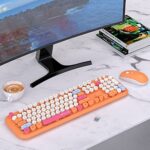 Colorful Wireless Computer Keyboards Mouse Combos, UBOTIE Polychrome Round Keycaps Retro PC Keyboards 2.4GHz Radio Frequency Connection with Optical Mouse(Orange-Colorful)