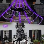 Spider Webs Halloween Decorations Lights – Outdoor Battery Operated Purple Halloween String Lights with 8 Modes Remote Control 125 LEDs 16.4Ft Spiderweb,60″ Large Spider,Waterproof for Halloween