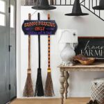 Halloween Decorations – Halloween Decor – Broom Parking Sign with 3 Wooden Witches Brooms – Hocus Pocus Cute Decoration Clearance for Front Porch Wall Home Office Indoor Outdoor