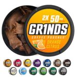 Grinds Coffee Pouches | 3 Cans of Orange Citrus | Tobacco Free, Nicotine Free Healthy Alternative | 18 Pouches Per Can | 1 Pouch eq. 1/2 Cup of Coffee (Orange Citrus)