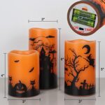 Lasumora Halloween Flameless Flickering LED Candles with 6-Hour Timer, Battery Operated Wax Candles Assorted Decals Witch, Bats, Castle Set of 3 for Decoration