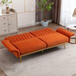 TTGIEET 70″ W Velvet Convertible Futon Sofa Bed, Mid Century Modern Decor, Tufted Loveseat Couch Sleeper Futon Sofa with Adjustable Armrests& Golden Metal Legs for Home Living Room Bedroom (Orange)