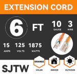 EP 6 Ft Lighted Outdoor Extension Cord – 10/3 SJTW Heavy Duty Orange Extension Cable with 3 Prong Grounded Plug for Safety, UL Listed