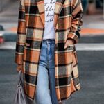 PRETTYGARDEN Women’s 2023 Plaid Shacket Jacket Casual Button Wool Blend Winter Tartan Trench Coat With Pockets (Orange,Large)