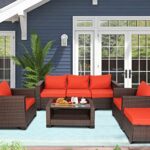 HTTH 7 Pieces Patio Furniture Sets Outdoor Rattan Wicker Conversation Sofa Garden Sectional Sets with Washable Cushions Coffee Table for Porch Poolside Backyard (Red-Orange)