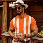 Mens Striped T-Shirts Short Sleeve Quarter Zip Knitted Contrast Pullover Polo Shirt Tops S Orange
