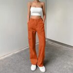 High Waist Stretch Cargo Pants Women Baggy Multiple Pockets Relaxed Fit Straight Wide Leg Y2K Pants Orange