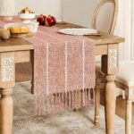 ZeeMart Farmhouse Table Runner, Rustic Table Runners 72 Inches Long, Linen Boho Table Runner, Braided Striped Burnt Orange Table Runner for Dining Party Holiday, 15×72 Inches, Braided Orange