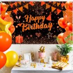 Orange Birthday Banner Decorations Large Orange Black Happy Birthday Banner Backdrop Orange Birthday Sign Photo Booth Background for Women Men Birthday Party Supplies 71x43Inch