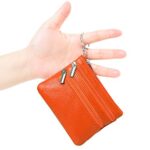 Women’s Genuine Leather Coin Purse Mini Pouch Change Wallet with Keychain, Orange