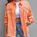 Omoone Women’s Ripped Distressed Denim Jacket Casual Long Sleeve Boyfriend Jean Coat Basic Trucker Jackets (3536-Orange-S)