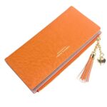 SUMGOGO Wallets for Women Slim Clutch Purse Handbag Card Holder Womens Long Tassel Zipper Pocket Fashion Taiga Leather Billfold Wallet (Orange)