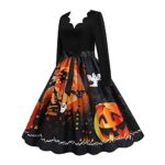 Basysin 1950s Vntage Dresses for Women Halloween Costumes Plus Size Evening Dress Women’s Retro Long Sleeve Pumpkin Patchwork V Neck Prom Dresses with Belt 08-Black XX-Large