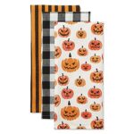 DII Halloween Hand Towels for The Kitchen Decorative Spooky & Fun Cotton Printed Dishtowel Set, 18×28, Black & White Buffalo Check/Orange Stripes, 3 Count