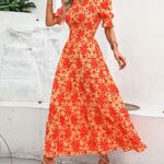 BTFBM Women Casual Summer Dresses 2023 Spring Crew Neck Ruffle Short Sleeve Floral Leopard Smocked Boho Flowy Maxi Dress(Big Floral Orange, Medium)