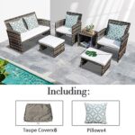 OC Orange-Casual 8 Pieces Patio Furniture Conversation Set, Outdoor Wicker Bistro Set, All Weather Loveseat Chairs with Ottoman & Coffee Table, Grey Rattan with White Cushion (Taupe Cover Included)
