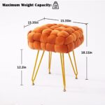 Square Velvet Vanity Stool, Upholstered Ottoman Foot Rest with Adjustable Metal Legs, Makeup Ottoman for Bedroom, Dressing Room, Living Room, Orange