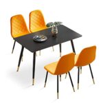 NORDICANA 5-Piece Dining Table Set, 47 in Modern Rectangle Kitchen Table & 4 Orange Velvet Upholstery Side Chairs, Metal Legs, Dining Room Set for 4