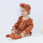GRNSHTS Newborn Baby Girl Clothes Ruffle Solid Sweater Romper Long Sleeve Button Bodysuit+Hairband+Socks 3Pcs Fall Winter Outfits(Brown,0-3 Months)