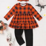FoWear Toddler Girl Clothes Orange Long Sleeve Top and Solid Black Pants with Cute Headband Toddler Girls Fall Outfits 4-5T