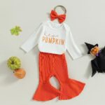 Kuriozud Fall Baby Girl Clothes Halloween Bell Bottom Outfit Hey Pumpkin Long Sleeve Romper Orange Flare Pants Set Headband (Hey Pumpkin White, 6-12 Months)