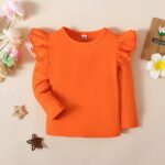 Sanpersonlin Toddler Baby Girl Solid Color T Shirt Kids Blouse Basic Plain Ruffle Top Cotton Casual Clothes (0020G-Long Sleeve Orange, 4-5 Years)