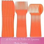 Disposable Heavy Duty Plastic Cutlery Silverware Set | Knives, Forks, & Spoons | Graduation Banquet Picnic Cookout Birthday Party Gender Reveal Baby Shower Reunion (Orange)