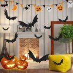 Hanging Bats Halloween Decoration Outside, Plastic Large Flying Bats with Glowing Eyes, Hanging, pasting Two Ways,Halloween Outdoor Tree Yard Porch Decoration Supplies(18 Pcs)