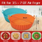 2 Pack Silicone Air Fryer Liners, 8 Inch Reusable Air Fryer Silicone Pot Round Air Fryer Silicone Basket for 3.5 to 7 QT for Baking Oven Microwave Accessories (Orange+Blue)