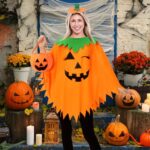WISHTEN 3PCS Halloween Pumpkin Costume for Women,Pumpkin Poncho for Adults with Headband & Bag,Halloween Costume for Women