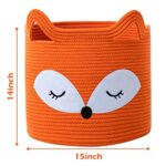 VK VK·LIVING Fox Toy Baskets Cotton Rope Animal Baskets Orange Laundry Baskets For Toys, Clothes,Gifts,Towels, Blankets,Pet Bed Pink Laundry Hamper for Organizing Kawaii Laundry Basket 15”x14”