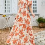 ZESICA Women’s 2023 Summer Casual Floral Print Short Flutter Sleeve Crew Neck Smocked High Waist Flowy Maxi Dress,Tangerine,Medium