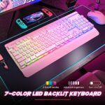 Dacoity Pink Keyboard Gaming, 104 Keys All-Metal Panel, Rainbow LED Backlit Quiet Computer Keyboard, Wrist Rest, Creamy PBT Keycaps, Anti-ghosting, Light Up USB Wired Cute Keyboard for PC Mac Xbox
