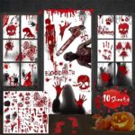 JMANNI Halloween Decorations, 10 Sheets Halloween Window Clings, Bloody Handprint Footprint Halloween Wall Decal Floor Clings with Tattoo Stickers, Scary Halloween Decoration Window Stickers