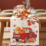 Fall Thanksgiving Table Runner 72 Inch, Red Truck Fall Decorations for Home Orange Leaves Pumpkin Thanksgiving Table Decorations for Coffee Table Dining Room Kitchen Entryway Table Top Mantle Decor
