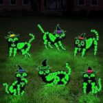 Halloween Yard Stakes Decorations Outdoor, 6 Pcs Glow in The Dark Skeleton Black Cat Halloween Decor with Witch Hat, Fluorescent Day of The Dead Signs for Outside Lawn Patio Garden Graveyar Party